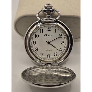 RAVEL POCKET WATCH-Chrome Lid/Clip-SILVER R1001.04. New Battery
